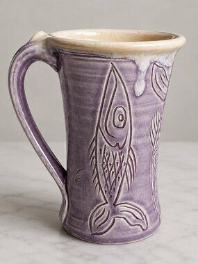 Handmade Purple Pottery Fish Mug Signed Studio Art Pottery 20oz 6"